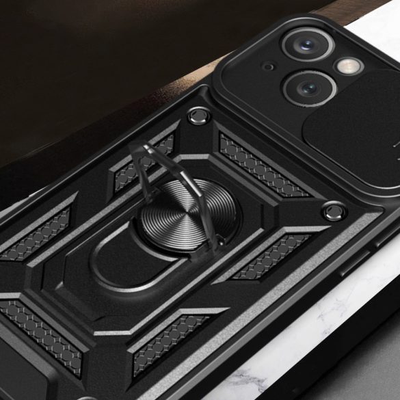 Hybrid Armor Camshield tok állvánnyal és kameravédővel iPhone 15 - fekete