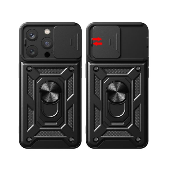 Hybrid Armor Camshield tok állvánnyal és kameravédővel iPhone 15 Pro - fekete