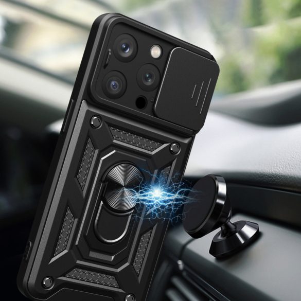 Hybrid Armor Camshield tok állvánnyal és kameravédővel iPhone 15 Pro - fekete