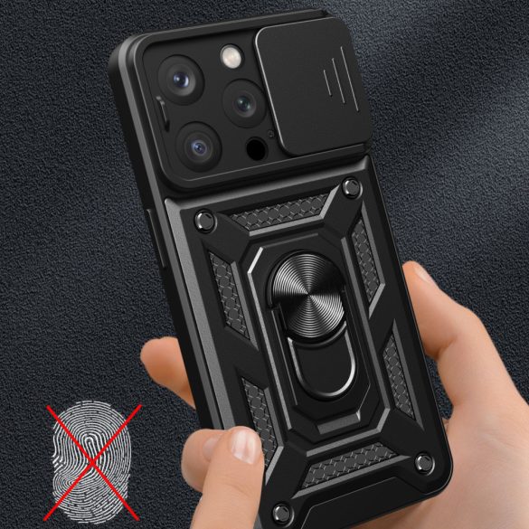 Hybrid Armor Camshield tok állvánnyal és kameravédővel iPhone 15 Pro - fekete