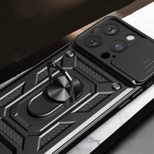 Hybrid Armor Camshield tok állvánnyal és kameravédővel iPhone 15 Pro - fekete