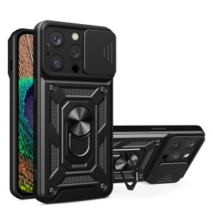 Armor Camshield tok állvánnyal és kameravédővel iPhone 15 Pro Max hibrid Armor Camshield tok - fekete