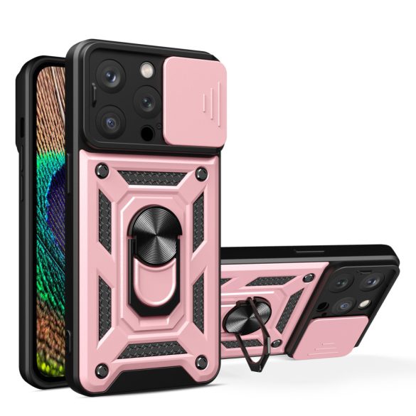 iPhone 15 Pro Max hibrid Armor Camshield tok állvánnyal és kameravédővel - rózsaszín