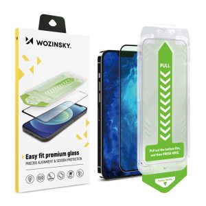 9H edzett üveg, tartó kerettel iPhone 15 Plus Wozinsky Premium Glass - fekete fólia