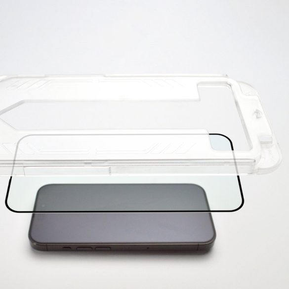 9H edzett üveg, tartó kerettel iPhone 15 Plus Wozinsky Premium Glass - fekete fólia