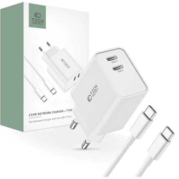 Tech-Protect C35W hálózati töltő 2xUSB-C csatlakozással Type-C - Type-C kábellel 35W PD - fehér