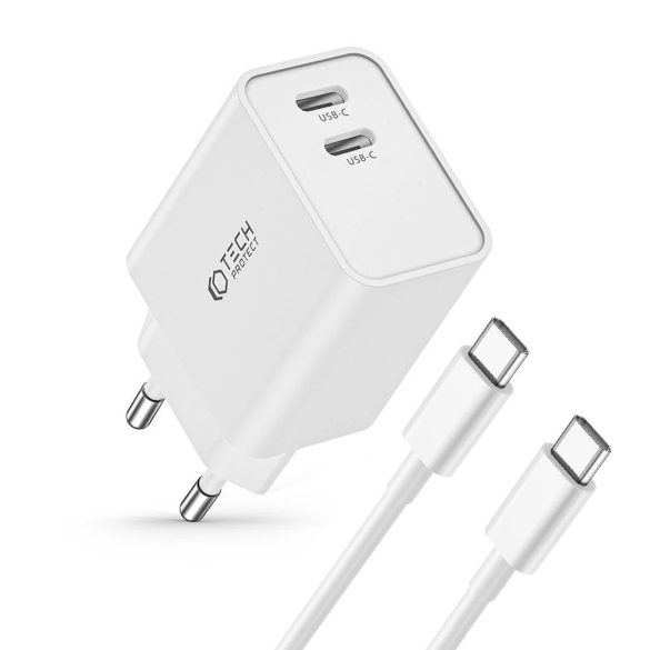 Tech-Protect C35W hálózati töltő 2xUSB-C csatlakozással Type-C - Type-C kábellel 35W PD - fehér