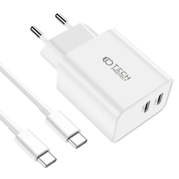 Tech-Protect C35W hálózati töltő 2xUSB-C csatlakozással Type-C - Type-C kábellel 35W PD - fehér