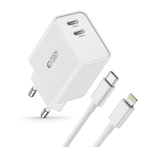 Tech-Protect C35W hálózati töltő 2xUSB-C csatlakozással Type-C - Lightning kábellel 35W PD - fehér