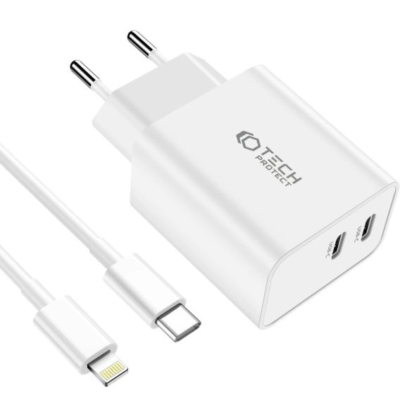 Tech-Protect C35W hálózati töltő 2xUSB-C csatlakozással Type-C - Lightning kábellel 35W PD - fehér