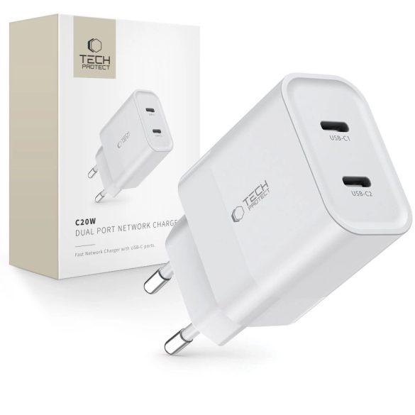 Tech-Protect C20W hálózati töltő 2xUSB-C csatlakozással PD 20W - fehér