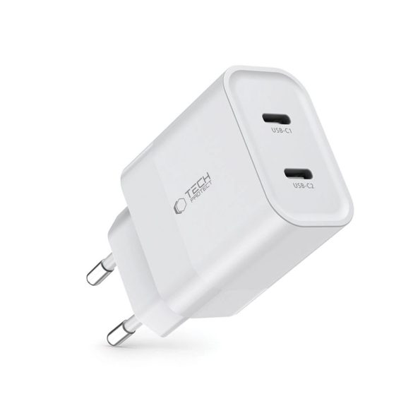 Tech-Protect C20W hálózati töltő 2xUSB-C csatlakozással PD 20W - fehér