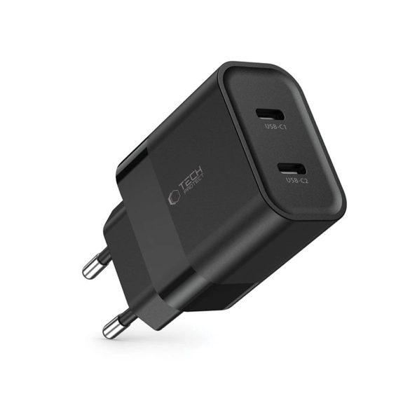 Tech-Protect C20W hálózati töltő 2xUSB-C csatlakozással PD 20W - fekete