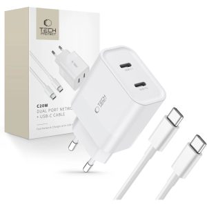 Tech-Protect C20W hálózati töltő 2xUSB-C csatlakozással PD 20W Type-C - Type-C kábellel - fehér