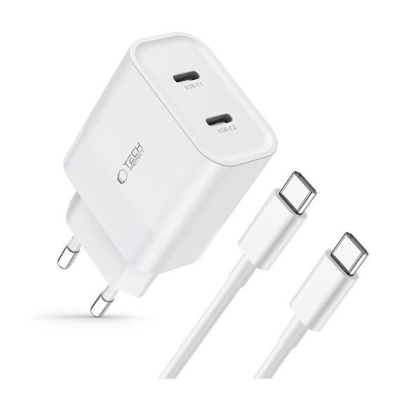 Tech-Protect C20W hálózati töltő 2xUSB-C csatlakozással PD 20W Type-C - Type-C kábellel - fehér