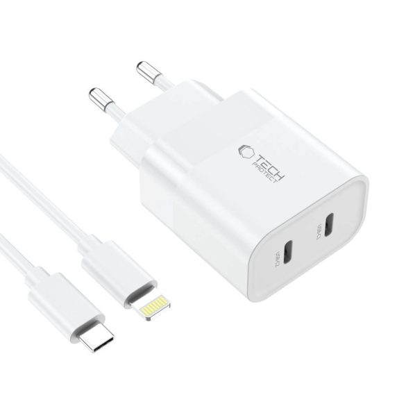 Tech-Protect C20W hálózati töltő 2xUSB-C csatlakozással PD 20W Type-C - Type-C kábellel - fehér