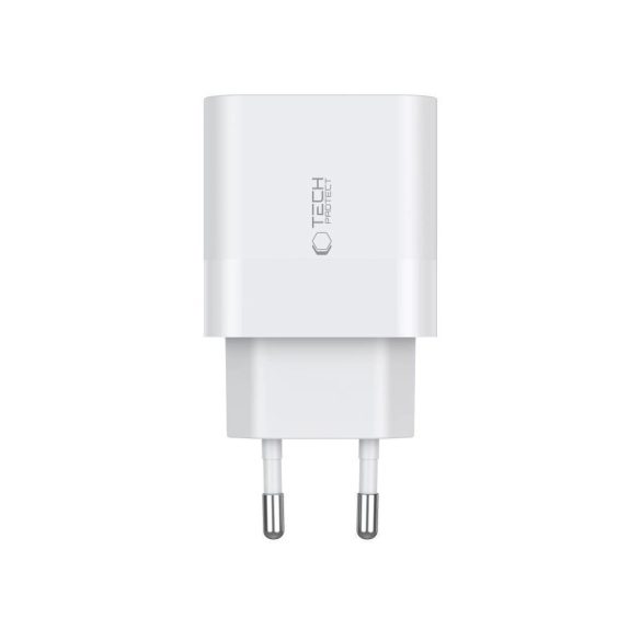 Tech-Protect C20W hálózati töltő 2xUSB-C csatlakozással PD 20W Type-C - Type-C kábellel - fehér