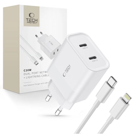 Tech-Protect C20W hálózati töltő 2xUSB-C csatlakozással PD 20W Type-C - Lightning kábellel - fehér