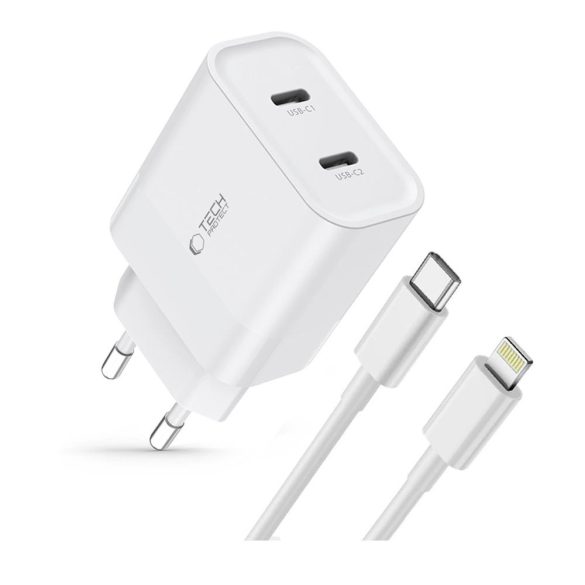 Tech-Protect C20W hálózati töltő 2xUSB-C csatlakozással PD 20W Type-C - Lightning kábellel - fehér