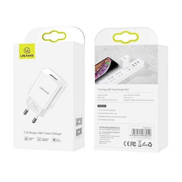 Hálózati Töltő 1Xusb Usams T18 Cc075Tc01 2.1A Fehér