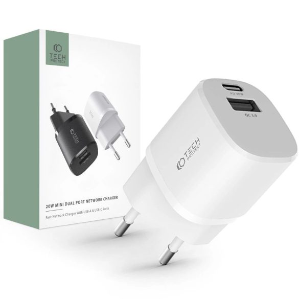 Tech-Protect C20W mini hálózati töltő 1xUSB-A és 1xUSB-C csatlakozással 20W PD QC - fehér