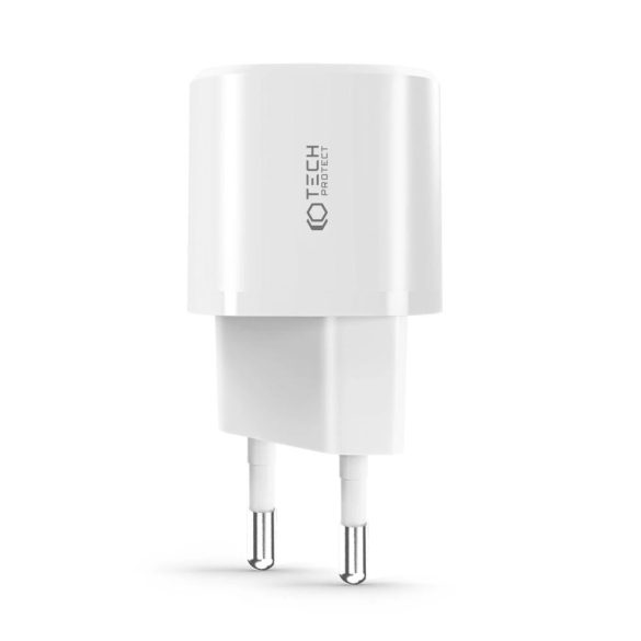 Tech-Protect C20W mini hálózati töltő 1xUSB-A és 1xUSB-C csatlakozással 20W PD QC - fehér