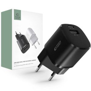 Tech-Protect C20W mini hálózati töltő 1xUSB-A és 1xUSB-C csatlakozással 20W PD QC - fekete