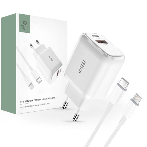 Tech-Protect C20W hálózati töltő 1xUSB-A és 1xUSB-C csatlakozással 20W PD QC Type-C - Lightning kábellel - fehér