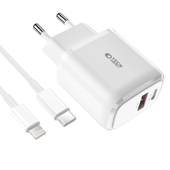 Tech-Protect C20W hálózati töltő 1xUSB-A és 1xUSB-C csatlakozással 20W PD QC Type-C - Lightning kábellel - fehér