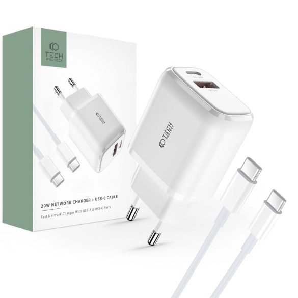 Tech-Protect C20W hálózati töltő 1xUSB-A és 1xUSB-C csatlakozással 20W PD QC Type-C - Type-C kábellel - fehér