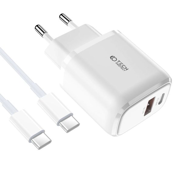 Tech-Protect C20W hálózati töltő 1xUSB-A és 1xUSB-C csatlakozással 20W PD QC Type-C - Type-C kábellel - fehér