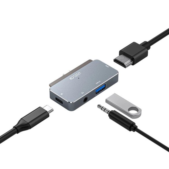 Tech-Protect V6 4 az 1-ben dokkoló USB-C - USB-A 3.0 / USB-C PD100W / HDMI / mini jack 3,5 mm - szürke