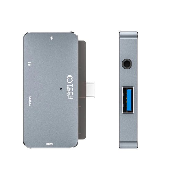 Tech-Protect V6 4 az 1-ben dokkoló USB-C - USB-A 3.0 / USB-C PD100W / HDMI / mini jack 3,5 mm - szürke