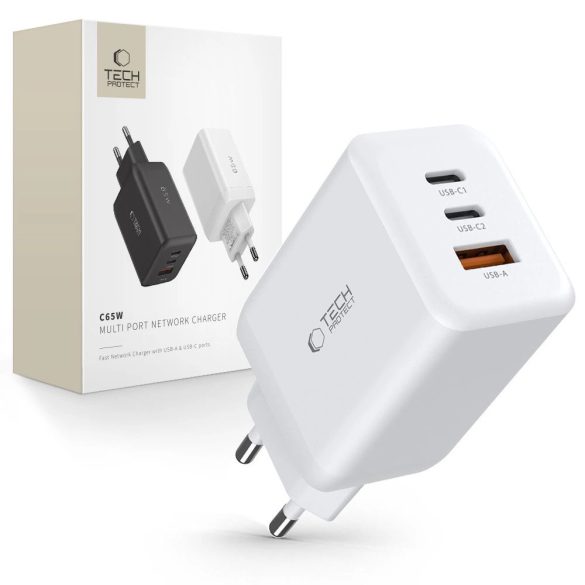 Tech-Protect C65W hálózati töltő 1xUSB-A és 2xUSB-C csatlakozással 65W PD QC - fehér