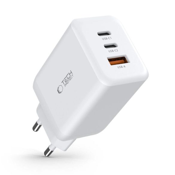 Tech-Protect C65W hálózati töltő 1xUSB-A és 2xUSB-C csatlakozással 65W PD QC - fehér