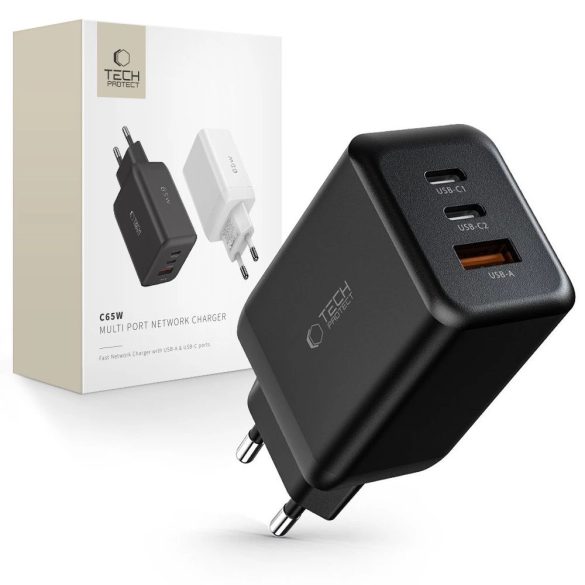 Tech-Protect C65W hálózati töltő 1xUSB-A és 2xUSB-C csatlakozással 65W PD QC - fekete