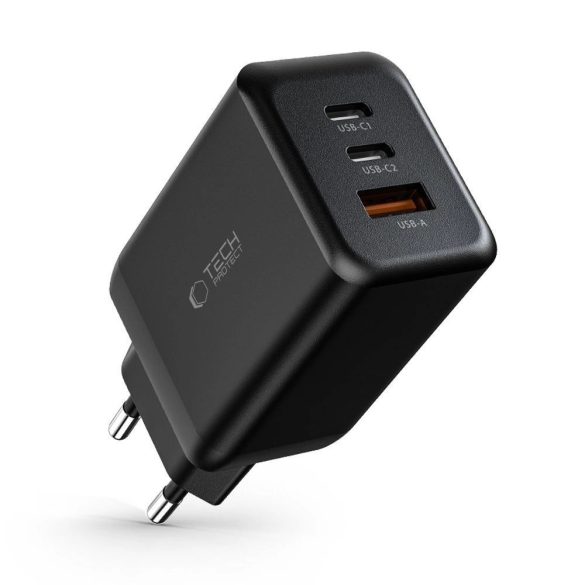 Tech-Protect C65W hálózati töltő 1xUSB-A és 2xUSB-C csatlakozással 65W PD QC - fekete