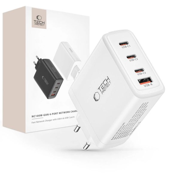 Tech-Protect NC100W-GAN hálózati töltő 1xUSB-A és 3xUSB-C csatlakozással 100W PD GaN QC - fehér