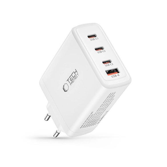 Tech-Protect NC100W-GAN hálózati töltő 1xUSB-A és 3xUSB-C csatlakozással 100W PD GaN QC - fehér