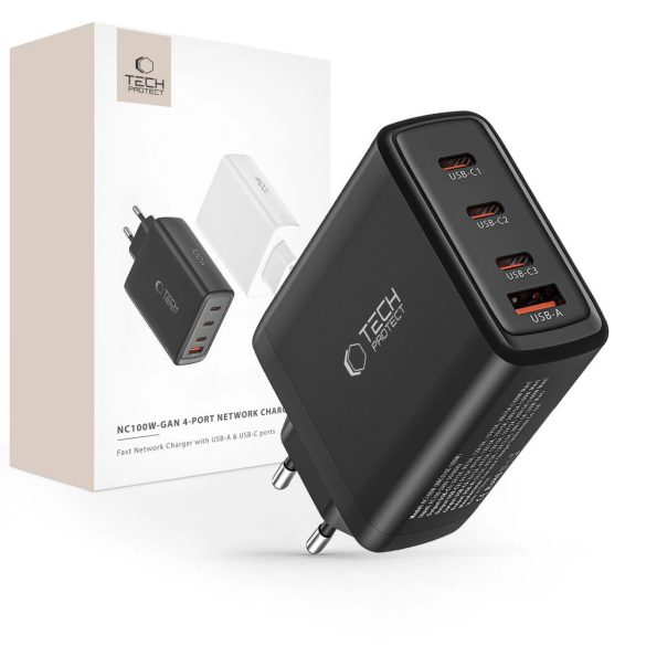 Tech-Protect NC100W-GAN hálózati töltő 1xUSB-A és 3xUSB-C csatlakozással 100W PD GaN QC - fekete