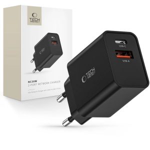 Tech-Protect NC30W hálózati töltő 1xUSB-A és 1xUSB-C csatlakozással 30W PD QC - fekete