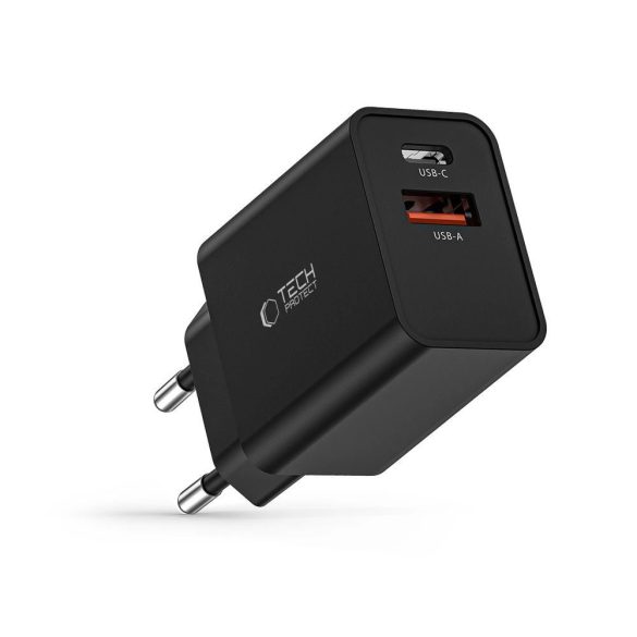 Tech-Protect NC30W hálózati töltő 1xUSB-A és 1xUSB-C csatlakozással 30W PD QC - fekete