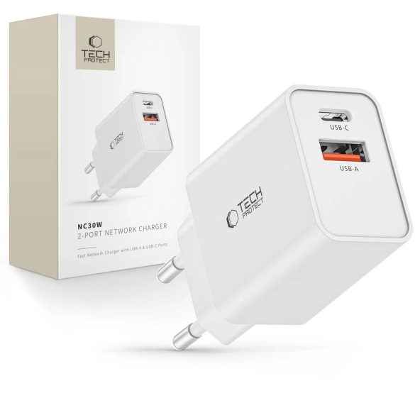 Tech-Protect NC30W hálózati töltő 1xUSB-A és 1xUSB-C csatlakozással 30W PD QC - fehér