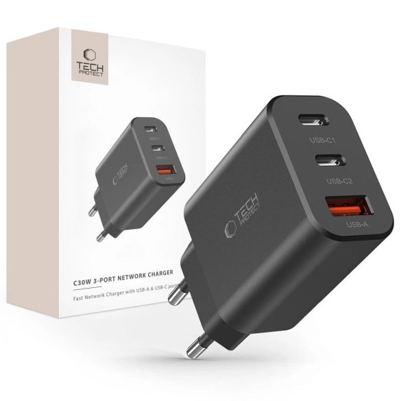 Tech-Protect NC30W hálózati töltő 1xUSB-A és 2xUSB-C csatlakozással 30W PD QC - fekete