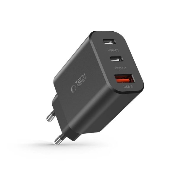 Tech-Protect NC30W hálózati töltő 1xUSB-A és 2xUSB-C csatlakozással 30W PD QC - fekete