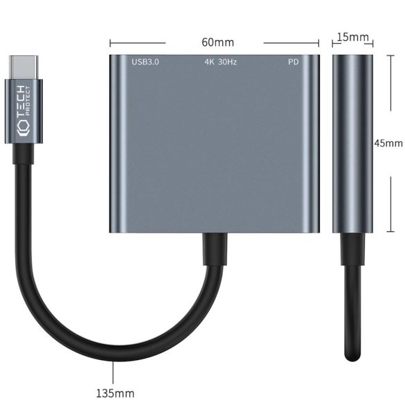 Tech-Protect V1 3 az 1-ben dokkoló Type-C - USB-A 3.0/Type-C/HDMI PD 100W 4K 30Hz - szürke