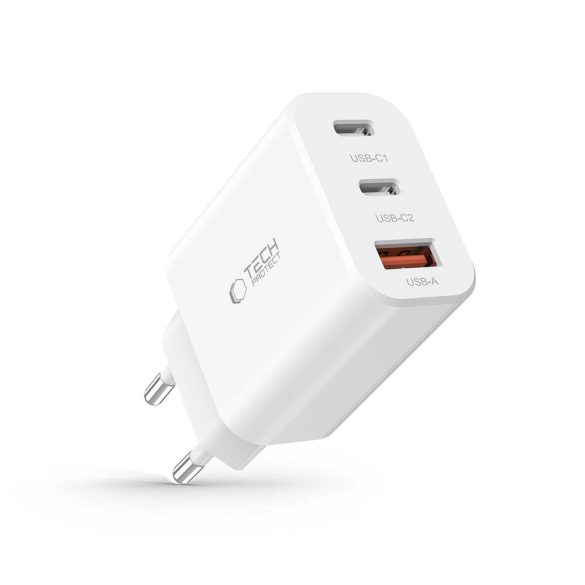 Tech-Protect NC30W hálózati töltő 1xUSB-A és 2xUSB-C csatlakozással 30W PD QC - fehér