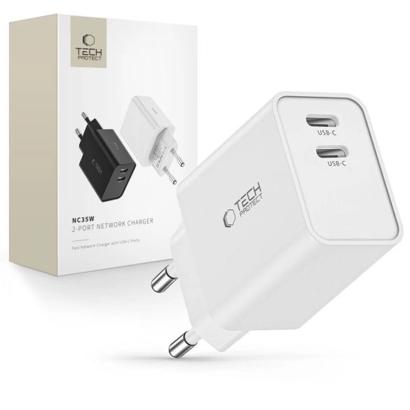 Tech-Protect C35W hálózati töltő 2xUSB-C csatlakozással 35W PD - fehér