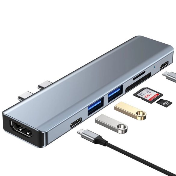 Tech-Protect V5 7in1 dokkoló 2x USB-C - USB-A 3.0 / USB-A 2.0 / 2x USB-C / HDMI / micro SD / TF / SD kártyaolvasó - szürke