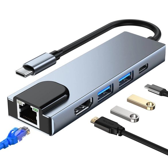 Tech-Protect V3 5in1 dokkoló USB-C - USB-A 3.0 / USB-A 2.0 / USB-C / HDMI / RJ45 - szürke